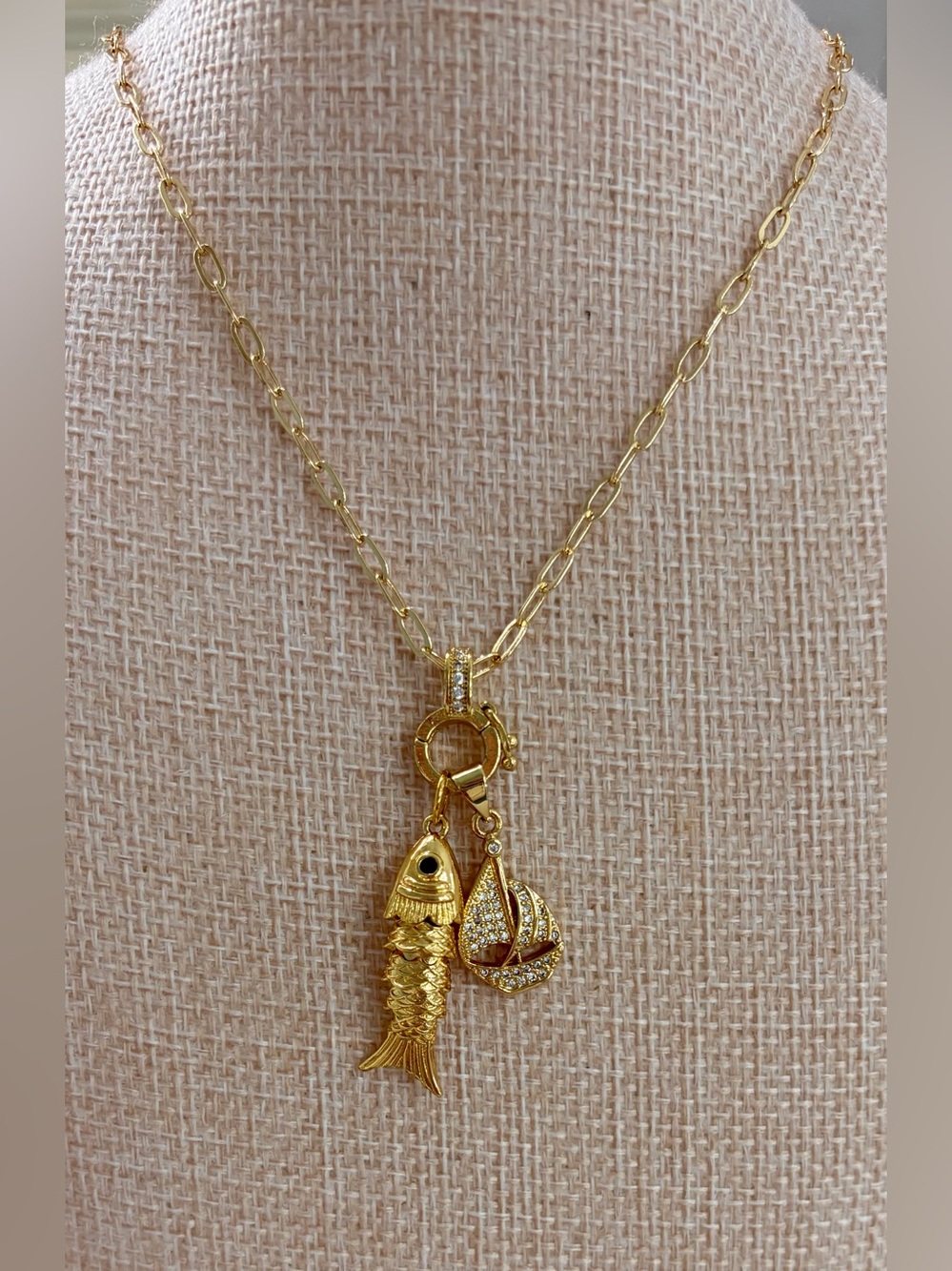 NWOT Gold Plated Fish and Sailboat Charm Necklace